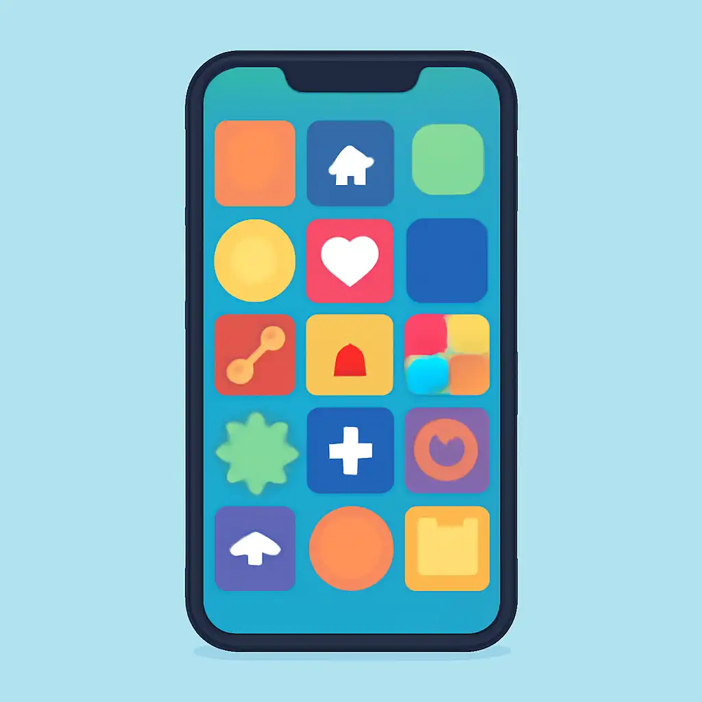 Smartphone shown from the front displaying a colourful flat layout of abstract game icons and rounded tiles (no text, no letters, no labels), 82 Game