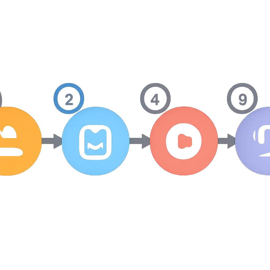 Five numbered circular icons connected by arrows in a horizontal flow, flat illustration, icons only, no words, 82 Game steps